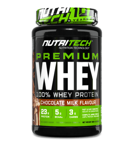 NutriTech Premium Whey Protein 908g tub, chocolate milk flavour