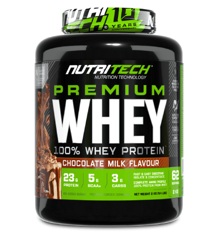 NutriTech Premium Whey Protein 2kg tub, chocolate milk flavour